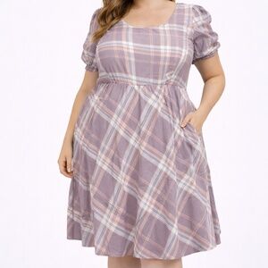 Torrid 2X Lilac Purple & Pink Plaid Challis Skater Dress Keyhole Back-Pockets